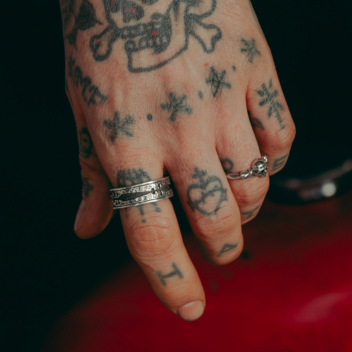 Salt and Bone Sterling Silver thin band ring with skull 