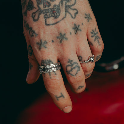 Salt and Bone Sterling Silver thin band ring with skull 